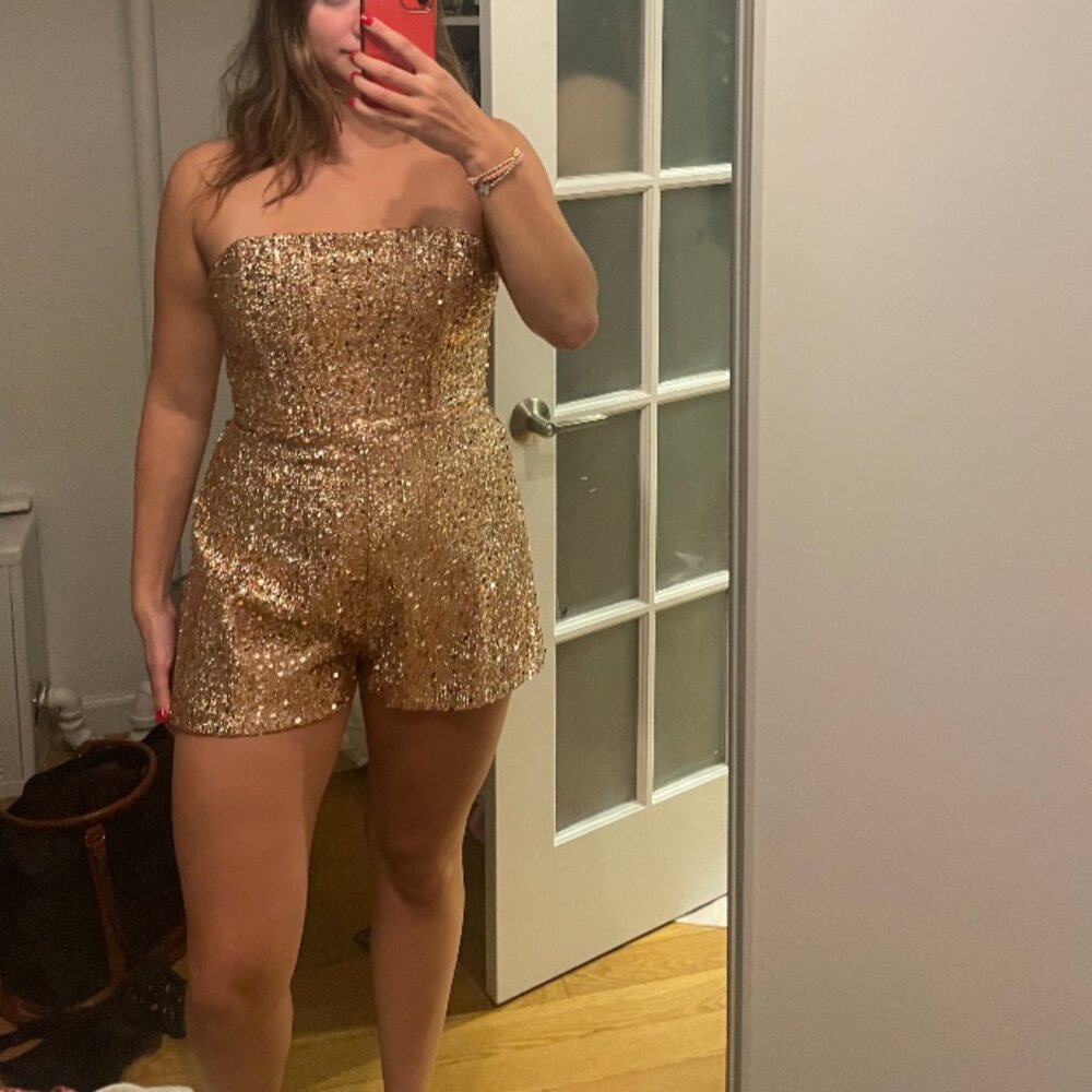 Vivid Dreams Strapless Sequin Romper Gold
